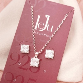 Conjunto Prata 925 Zircônia Quadrada