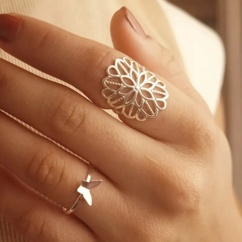 Anel Prata Flor Vazado