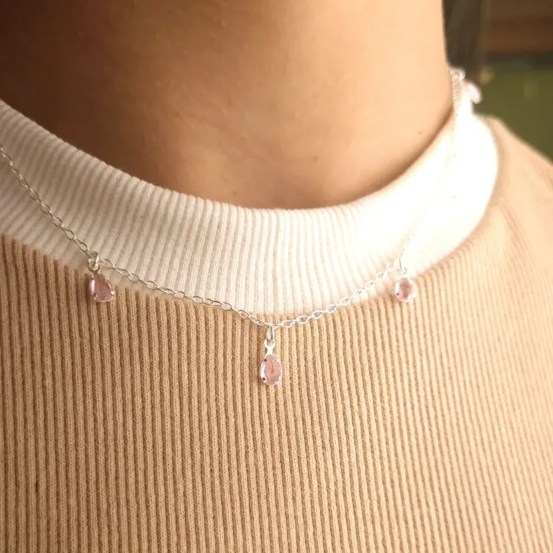 Choker Prata Pedra Rosa
