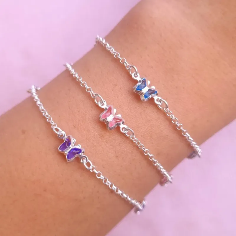 Pulseira Prata Borboletinha Colorida