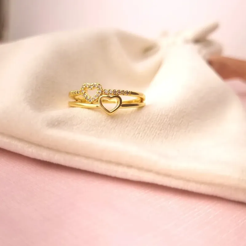 Anel Duplo Coração Cravejado