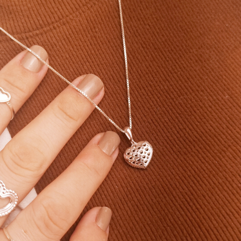 Colar Prata Coração Colmeia - V15