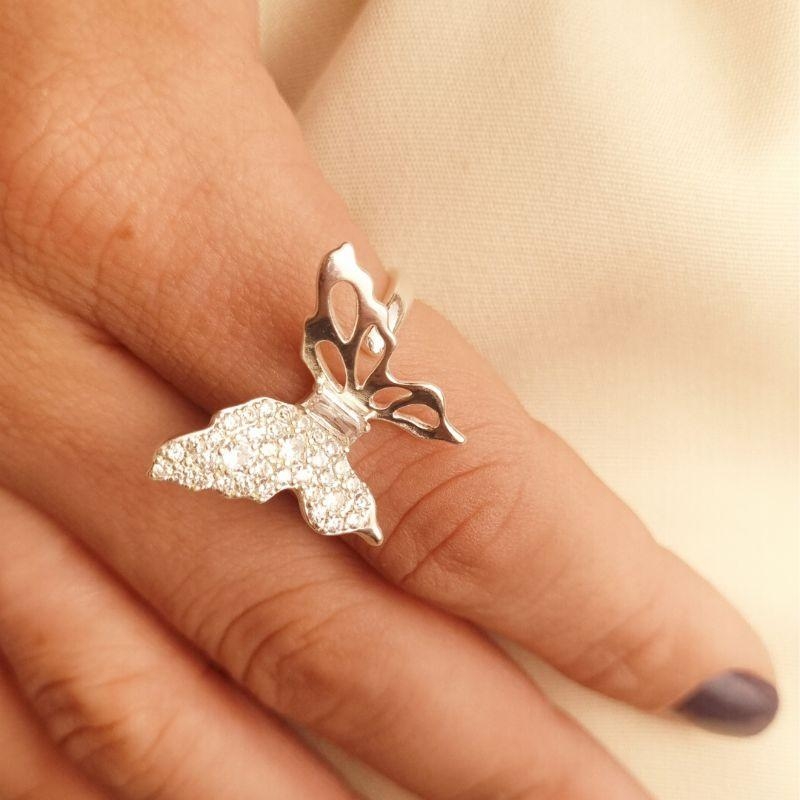 Anel Banho de Prata Borboleta Cravejada