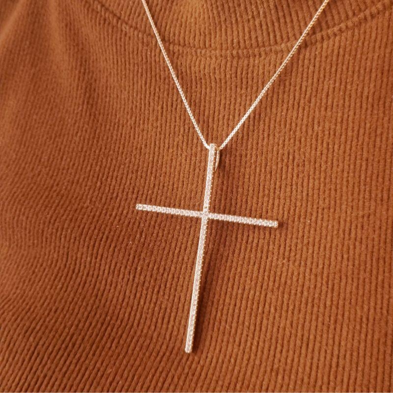 Colar Banho de Prata Cruz Cravejada Grande