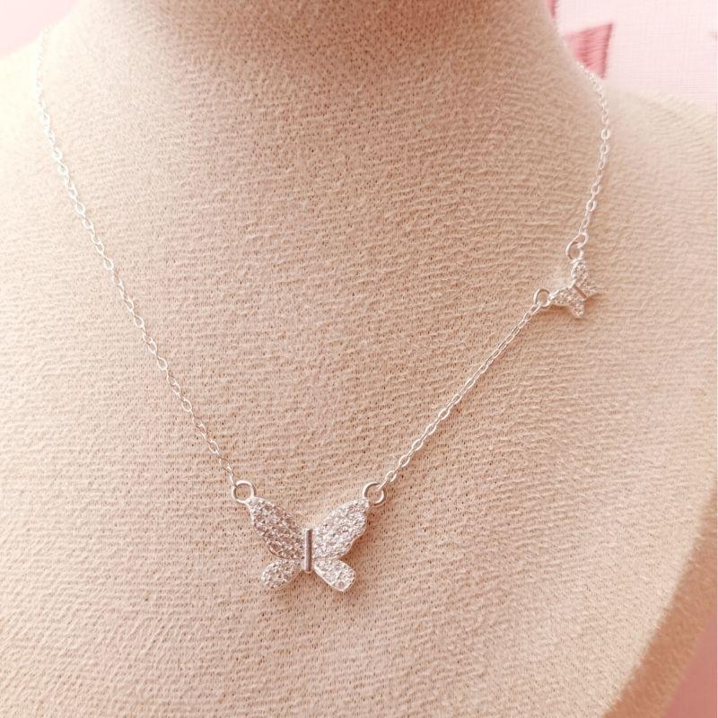Colar Prata 925 Borboleta Cravejada