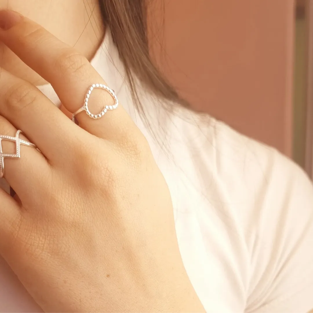 Anel Prata Bolinhas Coração