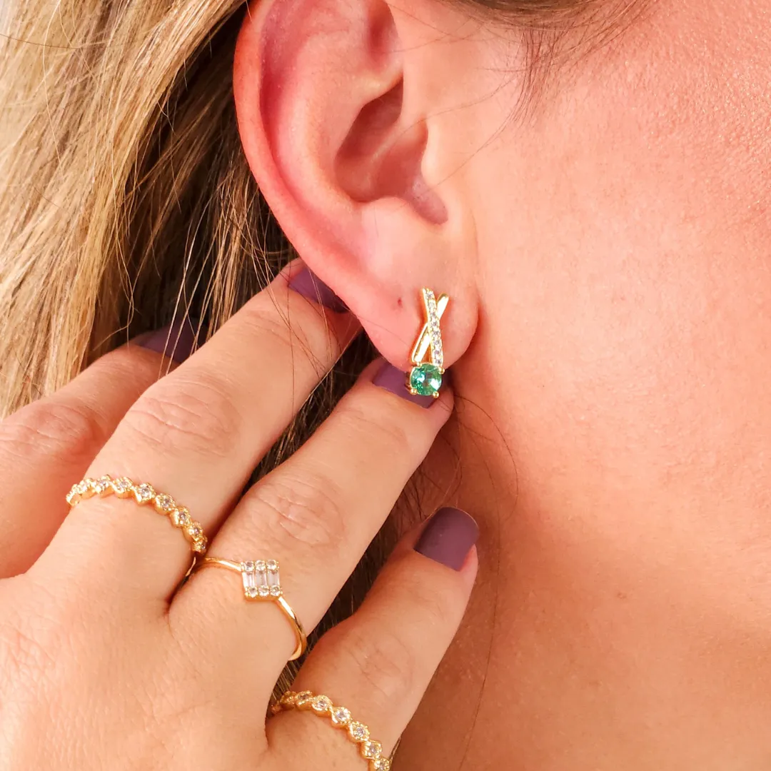 Brinco Pedra Verde e Zircônia com Tarraxa Coleção Dia das Mães