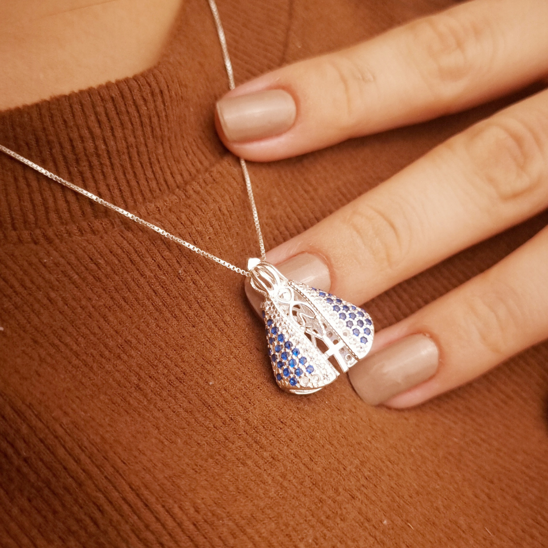 Colar Prata Nossa Senhora Cravejada Manto Azul - V15