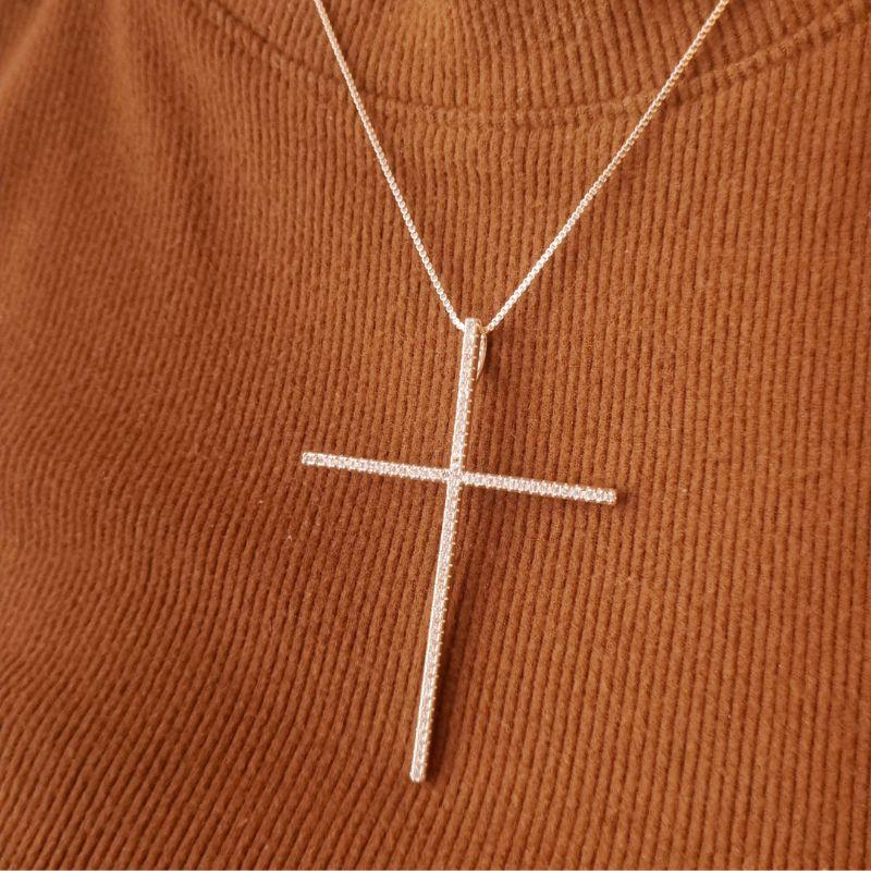 Colar Banho de Prata Cruz Cravejada Grande