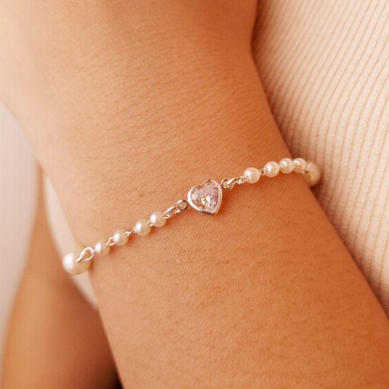 Pulseira Banho de Prata Pérola e Coração Zircônia