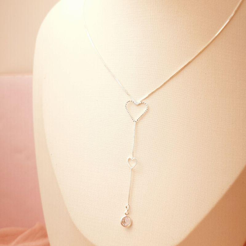 Colar Gravata Coração com Zircônia Banhado a Prata